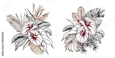 Papier peint  Tropical bouquets with palm leaves and anthurium flowers.