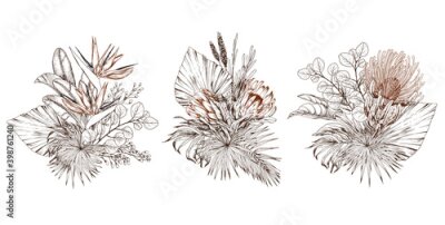 Papier peint  Tropical bouquets with palm leaves, exotic protea and strelitzia flowers.