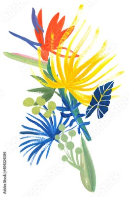 Papier peint  tropical bright vertical bouquet painted in gouache with palm leaves and Strelitzia flower isolated on white background for cards and prints on fabric