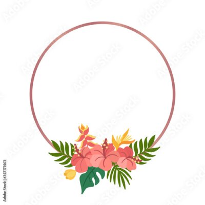 Papier peint  Tropical circle frame with palm leaves, hibiscus and strelitzia flowers. Beautiful floral print for wedding invitations, greeting cards, home decor. Modern vector illustration.