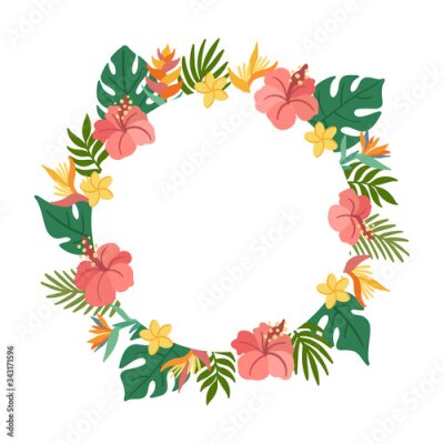 Papier peint  Tropical circle frame with palm leaves, hibiscus, strelitzia, plumeria flowers. Beautiful floral print for wedding invitations, greeting cards, home decor. Modern vector illustration.