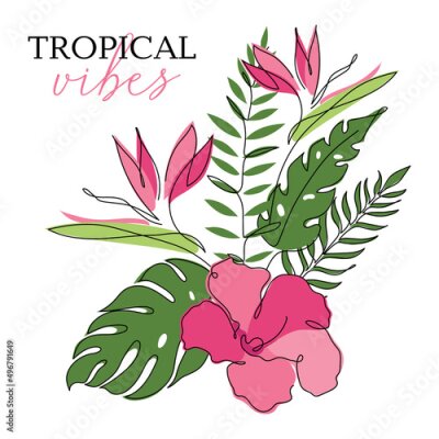 Papier peint  Tropical composition of exotic big monstera leaves, split leaf, hawaii flower, Strelitzia. Outline vector illustration Biophilia can be use to wedding invitation in hand drawn one line art style.