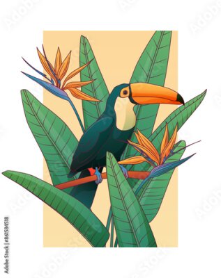 Papier peint  Tropical composition. Vector illustration of leaves of strelitzia plant. Flower of bird in paradise plant. Ramphastos bird.
