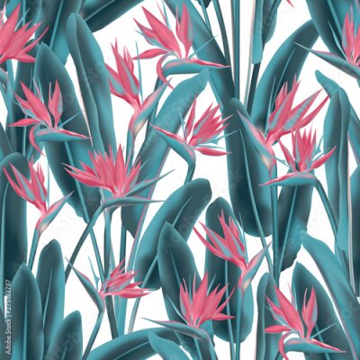 Papier peint  Tropical crane flower vector seamless pattern. Bohemian tropical plant fabric print design. South African plant tropical blossom of crane flower, strelitzia. Floral textile print.