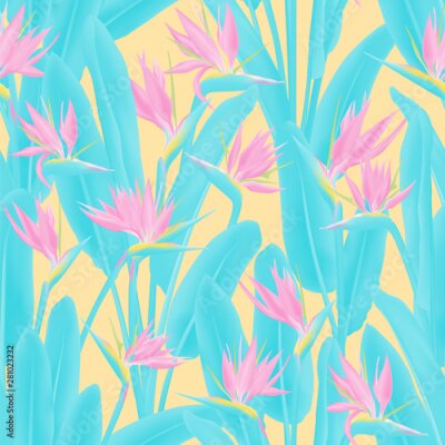 Papier peint  Tropical crane flower vector seamless pattern. Bohemian tropical plant fabric print design. South African plant tropical blossom of crane flower, strelitzia. Floral wallpaper.