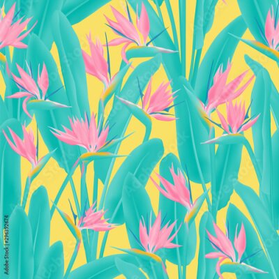 Papier peint  Tropical crane flower vector seamless pattern. Bohemian tropical plant fabric print design. South African plant tropical blossom of crane flower, strelitzia. Floral wallpaper.