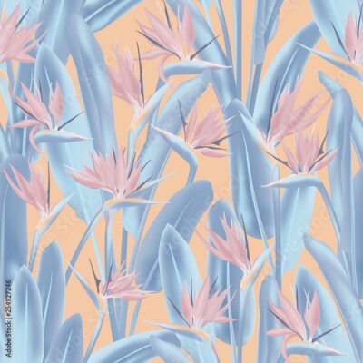 Papier peint  Tropical crane flower vector seamless pattern. Jungle exotic tropical plant fabric design. South African plant tropical blossom of crane flower, strelitzia. Floral textile print.