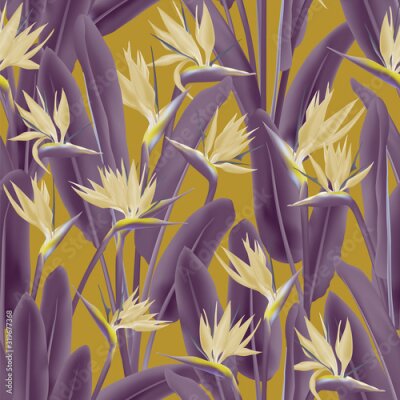 Papier peint  Tropical crane flower vector seamless pattern. Jungle exotic tropical plant fabric design. South African plant tropical blossom of crane flower, strelitzia. Floral textile print.
