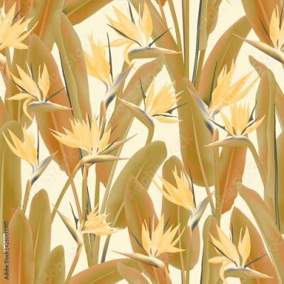 Papier peint  Tropical crane flower vector seamless pattern. Jungle exotic tropical plant fabric design. South African plant tropical blossom of crane flower, strelitzia. Floral wallpaper.