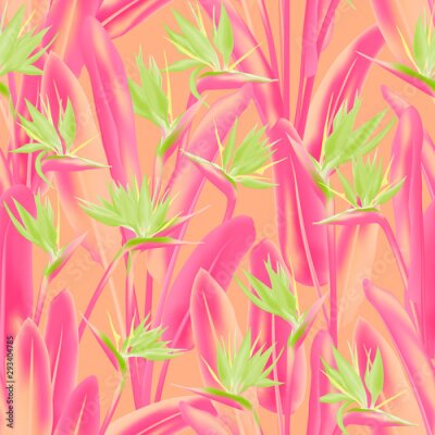 Papier peint  Tropical crane flower vector seamless pattern. Jungle exotic tropical plant fabric design. South African plant tropical blossom of crane flower, strelitzia. Floral wallpaper.