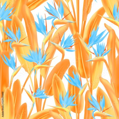 Papier peint  Tropical crane flower vector seamless pattern. Jungle exotic tropical plant fabric design. South African plant tropical blossom of crane flower, strelitzia. Floral wallpaper.