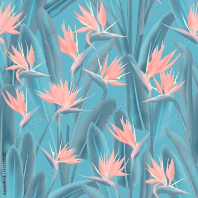 Papier peint  Tropical crane flower vector seamless pattern. Jungle exotic tropical plant fabric design. South African plant tropical blossom of crane flower, strelitzia. Floral wallpaper.