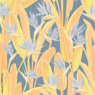 Papier peint  Tropical crane flower vector seamless pattern. Jungle plant paradise tropical summer fabric design. South African plant tropical blossom of crane flower, strelitzia.