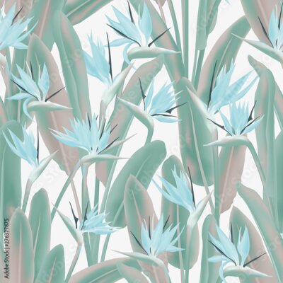 Papier peint  Tropical crane flower vector seamless pattern. Jungle plant paradise tropical summer fabric design. South African plant tropical blossom of crane flower, strelitzia. Floral textile print.