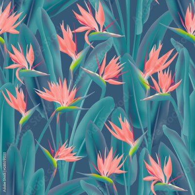 Papier peint  Tropical crane flower vector seamless pattern. Jungle plant paradise tropical summer fabric design. South African plant tropical blossom of crane flower, strelitzia. Floral textile print.