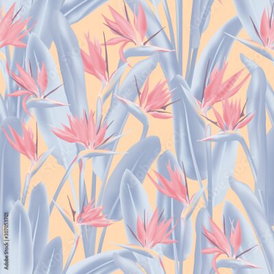 Papier peint  Tropical crane flower vector seamless pattern. Jungle plant paradise tropical summer fabric design. South African plant tropical blossom of crane flower, strelitzia. Floral textile print.
