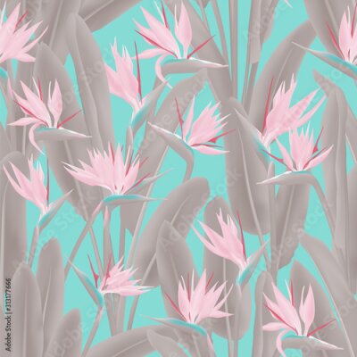 Papier peint  Tropical crane flower vector seamless pattern. Jungle plant paradise tropical summer fabric design. South African plant tropical blossom of crane flower, strelitzia. Floral textile print.