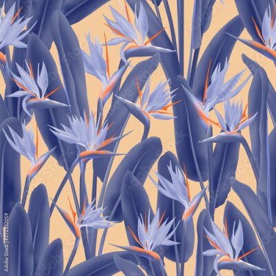 Papier peint  Tropical crane flower vector seamless pattern. Jungle plant paradise tropical summer fabric design. South African plant tropical blossom of crane flower, strelitzia. Floral wallpaper.