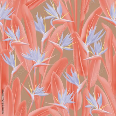 Papier peint  Tropical crane flower vector seamless pattern. Jungle plant paradise tropical summer fabric design. South African plant tropical blossom of crane flower, strelitzia. Floral wallpaper.