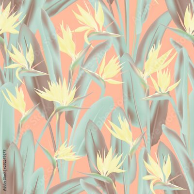 Papier peint  Tropical crane flower vector seamless pattern. Jungle plant paradise tropical summer fabric design. South African plant tropical blossom of crane flower, strelitzia. Floral wallpaper.