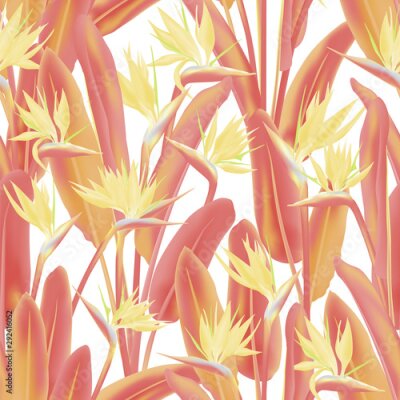 Papier peint  Tropical crane flower vector seamless pattern. Jungle plant paradise tropical summer fabric design. South African plant tropical blossom of crane flower, strelitzia. Floral wallpaper.
