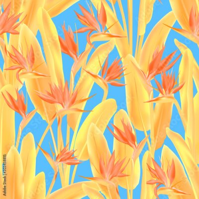 Papier peint  Tropical crane flower vector seamless pattern. Jungle plant paradise tropical summer fabric design. South African plant tropical blossom of crane flower, strelitzia. Floral wallpaper.