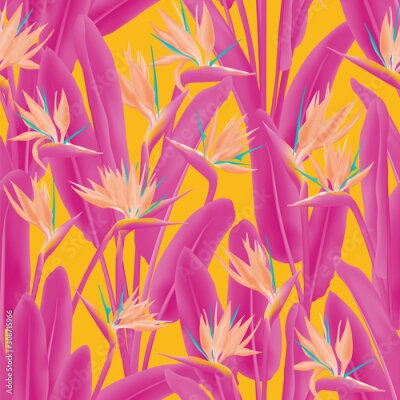 Papier peint  Tropical crane flower vector seamless pattern. Jungle plant paradise tropical summer fabric design. South African plant tropical blossom of crane flower, strelitzia. Floral wallpaper.