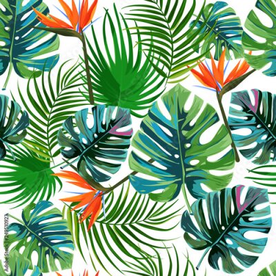 Papier peint  Tropical dark green leaves of palm trees and flowers bird of paradise strelitzia . Summer exotic seamless pattern.