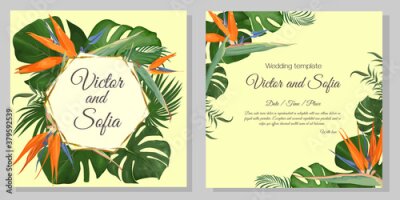 Papier peint  Tropical design for wedding invitation. Strelitzia flowers, monstera, palm leaves.