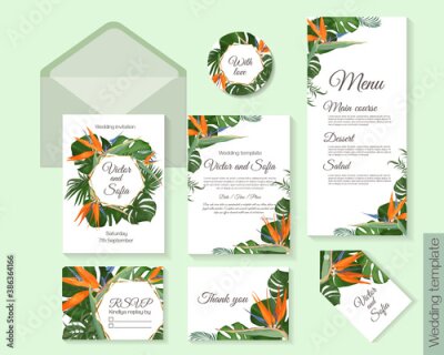 Papier peint  Tropical design for wedding invitation. Strelitzia flowers, monstera, palm leaves.