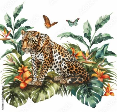 Papier peint  Tropical design, watercolor illustration of a leopard with strelitzia flowers