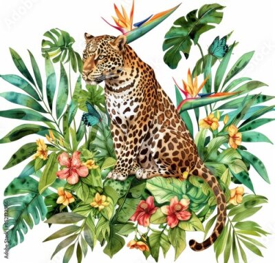 Papier peint  Tropical design with strelitzia flowers, watercolor illustration of a leopard