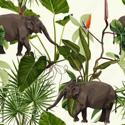 Papier peint  Tropical elephant, wild animal, palm tree, strelitzia flower and plant floral seamless pattern background. Exotic jungle safari wallpaper.