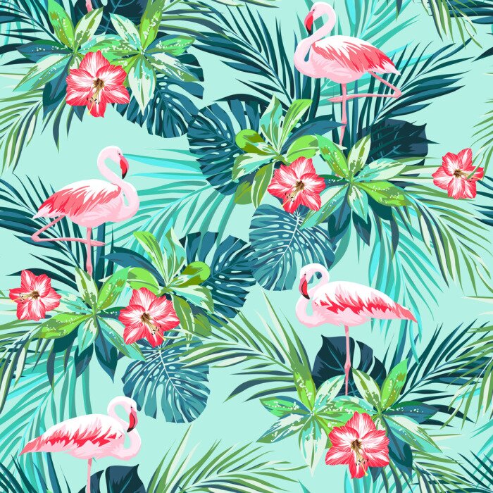 Papier peint  Tropical, Été, seamless, modèle, flamant, Oiseaux, jungle, fleurs