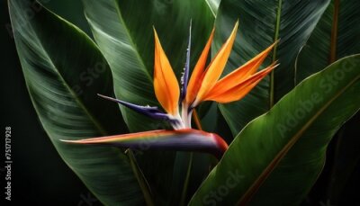 Papier peint  tropical exotic flower closeup of bird of paradise or strelitzia reginae blooming on green leaves background