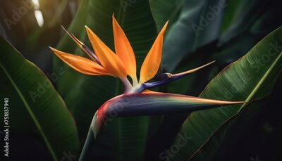 Papier peint  tropical exotic flower closeup of bird of paradise or strelitzia reginae blooming on green leaves background