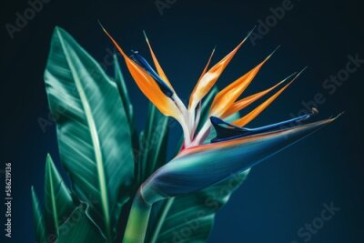 Papier peint  Tropical exotic flower, Closeup of Bird of Paradise or strelitzia reginae bouquet blooming on blue background. Generative AI