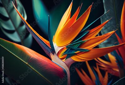 Papier peint  Tropical exotic flower, Closeup of Bird of Paradise or strelitzia reginae bouquet blooming on bright background. Generative AI