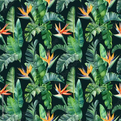 Papier peint  Tropical exotic green leaves palm, strelitzia flowers, floral background. Seamless pattern, watercolor bird of paradise