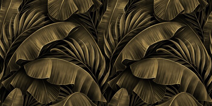 Papier peint  Tropical exotic seamless pattern. Grunge golden banana leaves, palm. Hand-drawn dark vintage 3D illustration. Nature abstract background design. Good for luxury wallpapers, cloth, fabric printing.