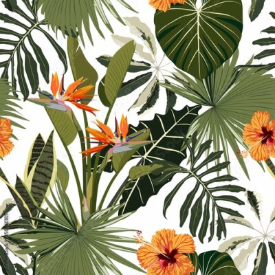 Papier peint  Tropical floral background with palm leaves, plants and hibiscus strelitzia flowers. Hand drawn botanical illustration for tropical party design.