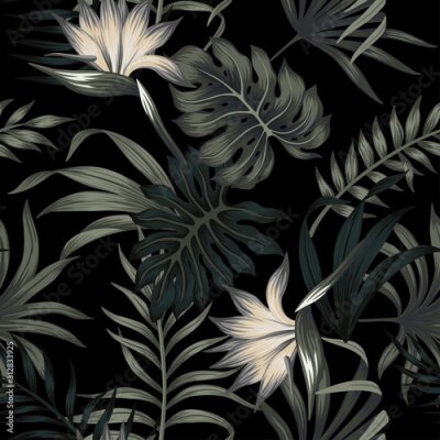 Papier peint  Tropical floral foliage dark green palm leaves, strelitzia seamless pattern black background. Exotic jungle night wallpaper.