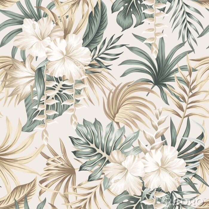 Papier peint  Tropical floral foliage palm leaves, hibiscus flower seamless pattern beige background. Exotic jungle wallpaper.