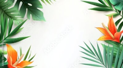 Papier peint  Tropical Floral Frame - Lush Greenery and Vibrant Blossoms