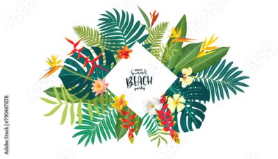 Papier peint  Tropical floral greeting card. Vibrant summer design with hibiscus and plumeria against lush jungle. Watercolor illustration framed by greenery. Modern template for beach weddings or vacation parties