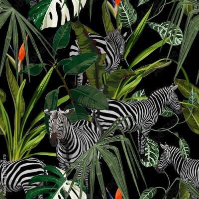 Papier peint  Tropical floral leaves, palm banana tree and exotic strelitzia flowers, zebra wildlife animal floral seamless pattern on black background. Exotic safari  wallpaper.