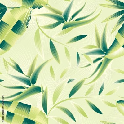 Papier peint  tropical floral strelitzia with colorful abstract banana leaves seamless pattern plant on green light background fashionable. floral wallpaper. ecotic summer vector design