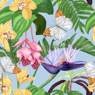 Papier peint  Tropical flowers and butterflies on a light grey background. Strelitzia, pink medinilla, yellow orchids. Seamless vector pattern with many details.