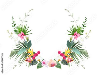 Papier peint  Tropical flowers and leaves vector design card. White orchid, strelitzia, canna, bougainvillea, monstera, jungle palm leaves
