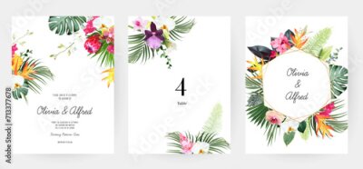 Papier peint  Tropical flowers and leaves vector design cards. White orchid, strelitzia, protea, calla, monstera, jungle palm leaves